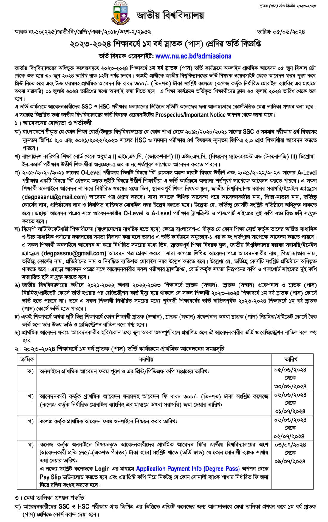 National University Degree Admission Circular 2024