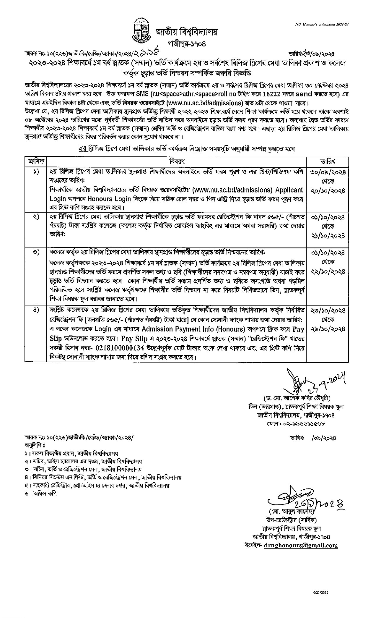 National University Release Slip Merit List 2024