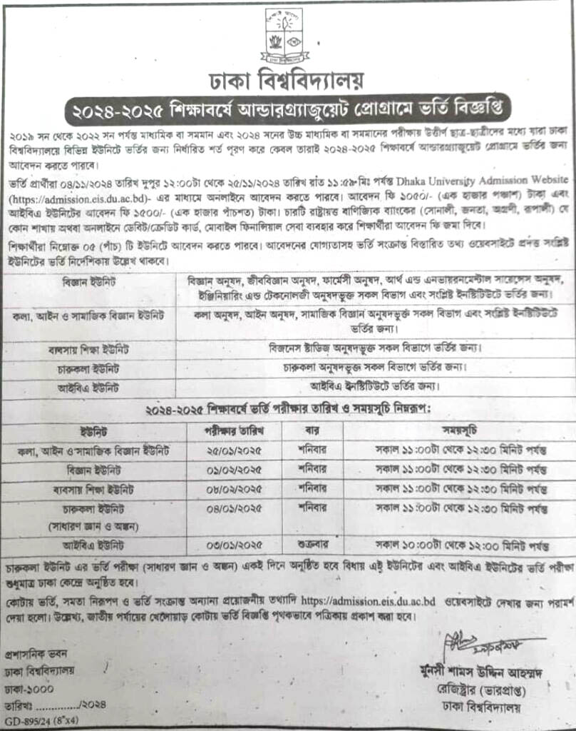 Dhaka University Admission Circular 2024